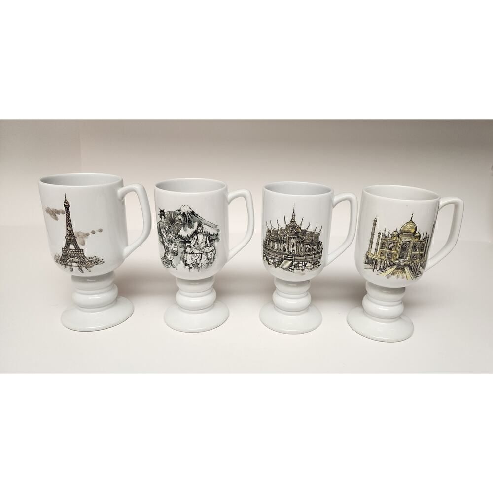 Kaysons International Pedestal Coffee Mugs Lot Of 4 Vtg 1965 Historical Landmark
